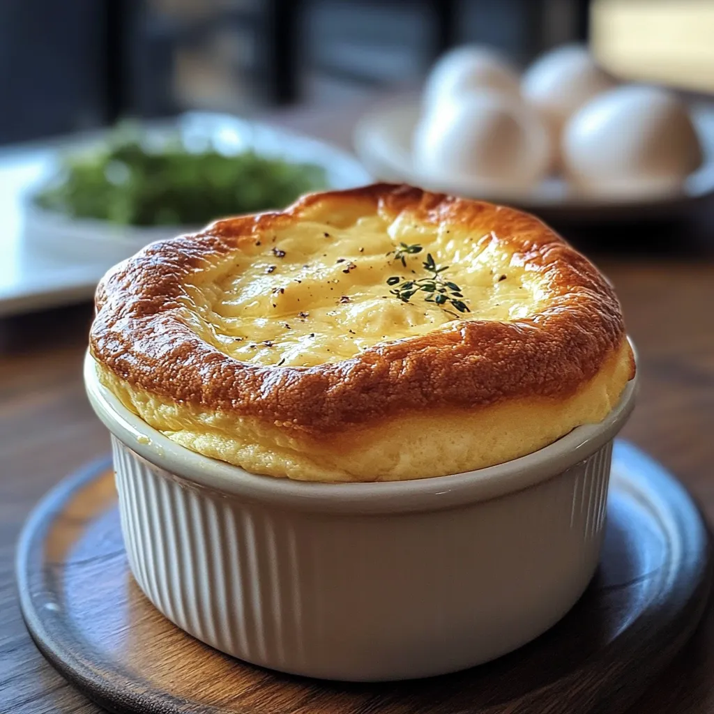 Soufflé au fromage aéré doré et gonflé, prêt à être dégusté.