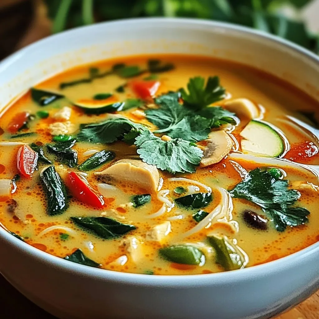 Bol de soupe thaïlandaise au lait de coco et au curry rouge garni de coriandre et d’oignons verts.
