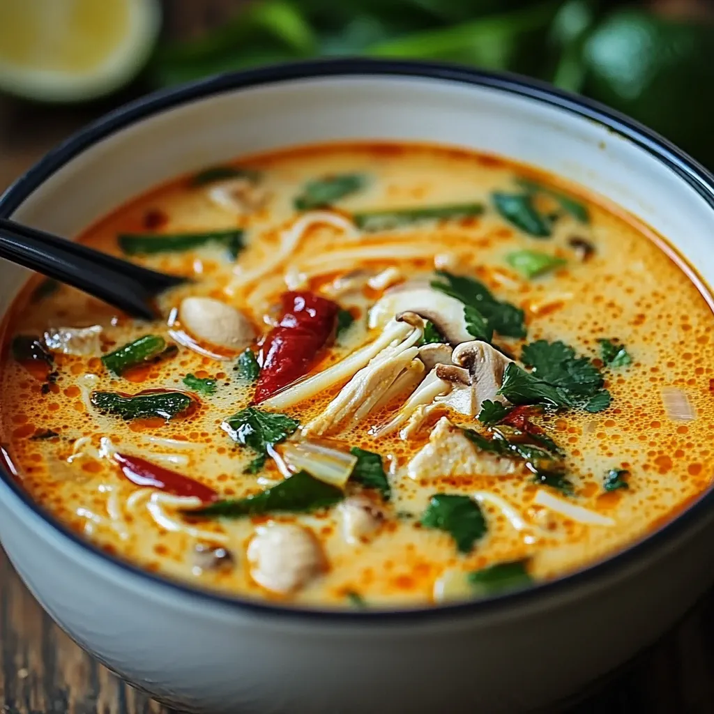 Bol de soupe thaïlandaise au lait de coco et au curry rouge garni de coriandre et d’oignons verts.