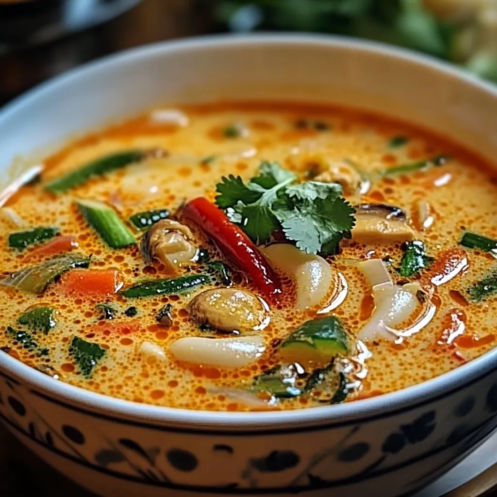 Bol de soupe thaïlandaise au lait de coco et au curry rouge garni de coriandre et d’oignons verts.
