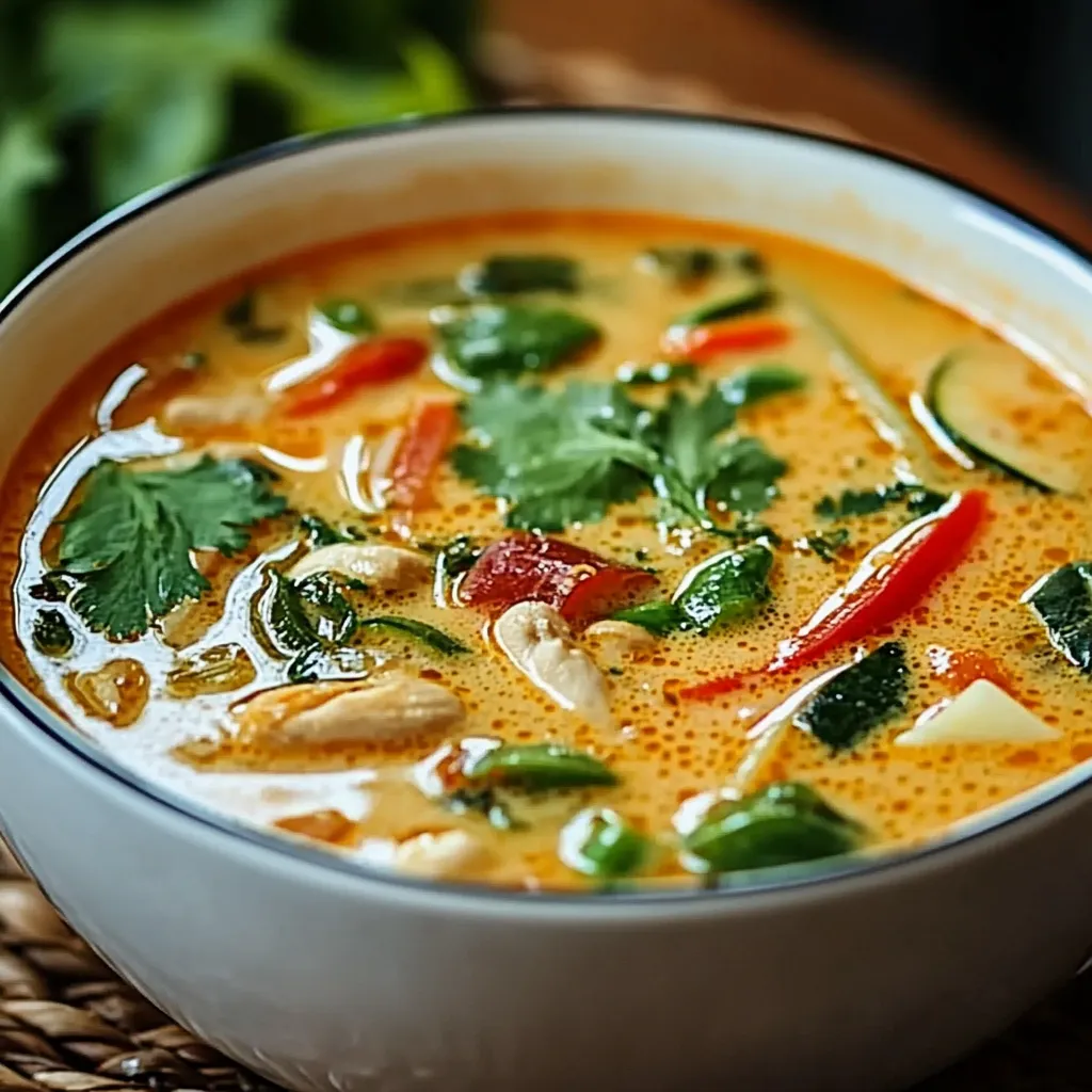 Bol de soupe thaïlandaise au lait de coco et au curry rouge garni de coriandre et d’oignons verts.