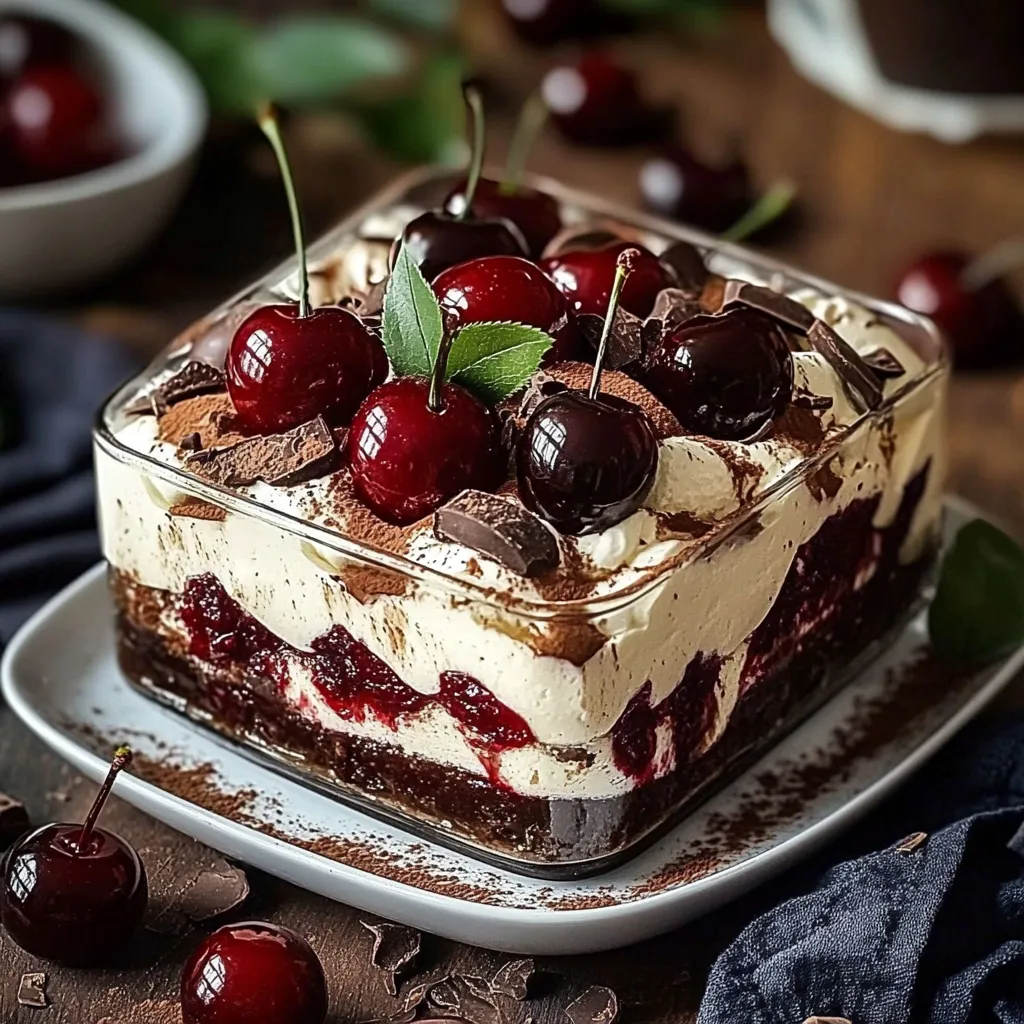 Tiramisu Forêt-Noire servi dans un plat, avec des couches de mascarpone crémeux, des biscuits imbibés de café et des cerises juteuses.