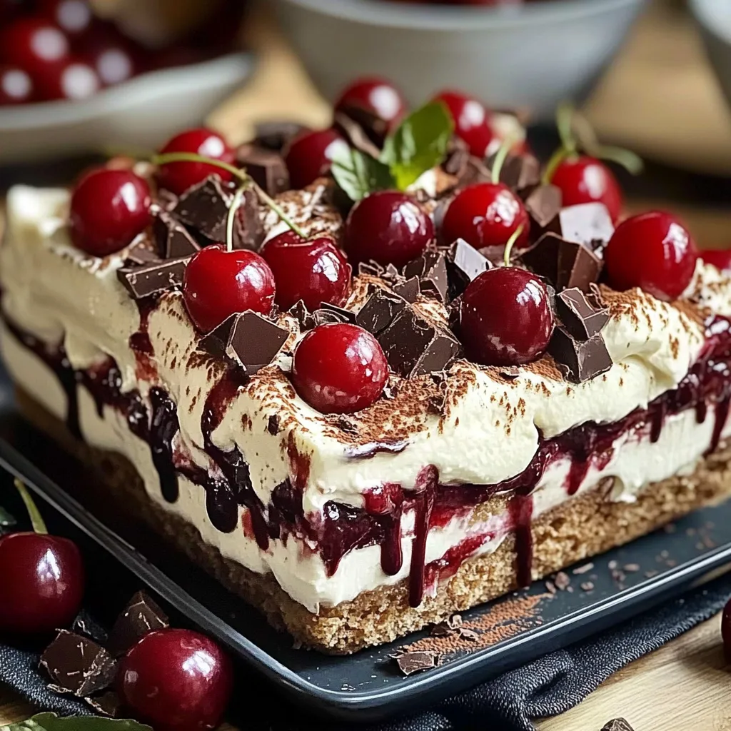 Tiramisu Forêt-Noire servi dans un plat, avec des couches de mascarpone crémeux, des biscuits imbibés de café et des cerises juteuses.