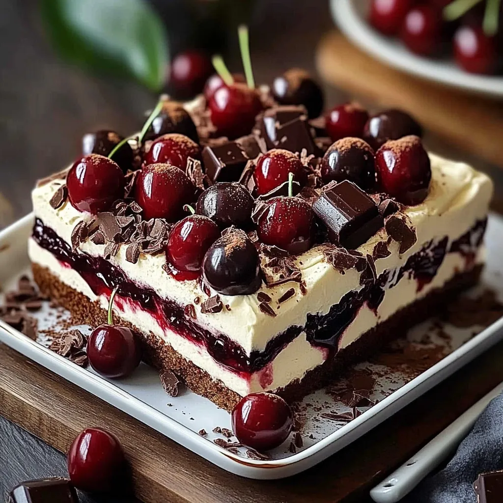 Tiramisu Forêt-Noire servi dans un plat, avec des couches de mascarpone crémeux, des biscuits imbibés de café et des cerises juteuses.