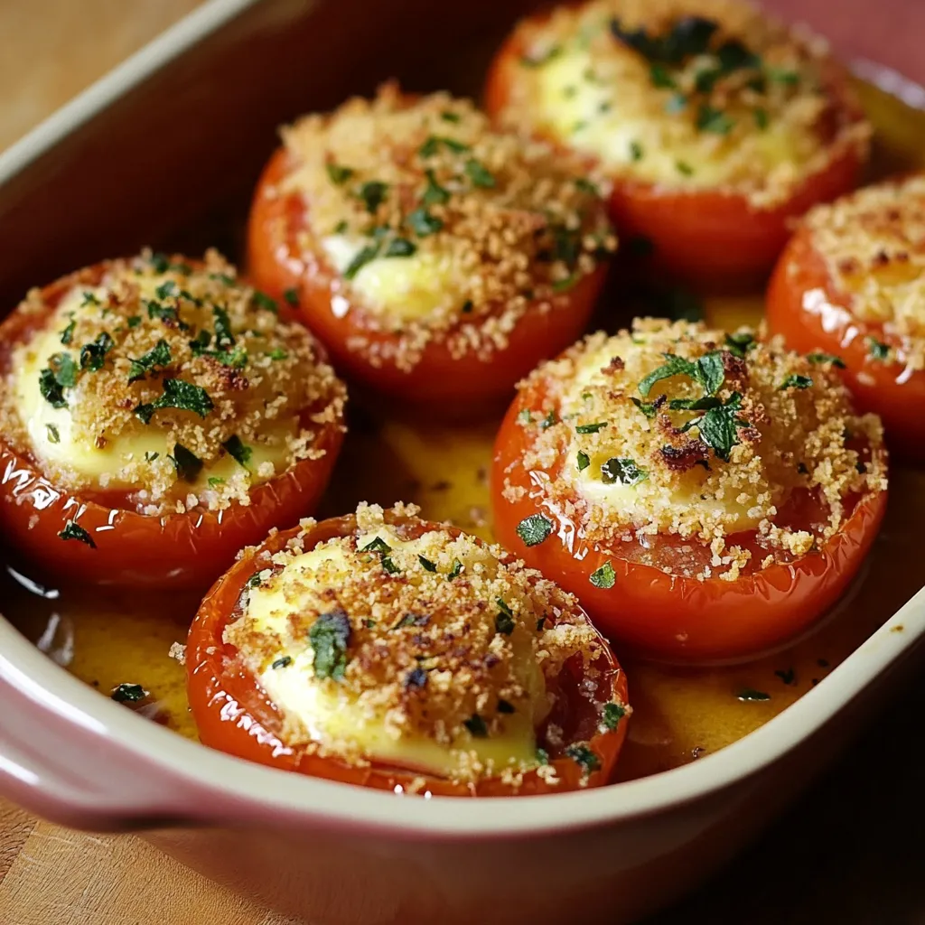 Tomates à la Provençale sorties du four : Plat de tomates rôties garnies de chapelure dorée et d’herbes de Provence.