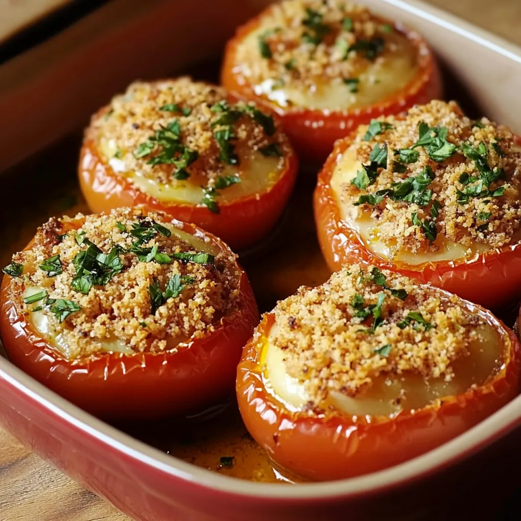 Tomates à la Provençale sorties du four : Plat de tomates rôties garnies de chapelure dorée et d’herbes de Provence.