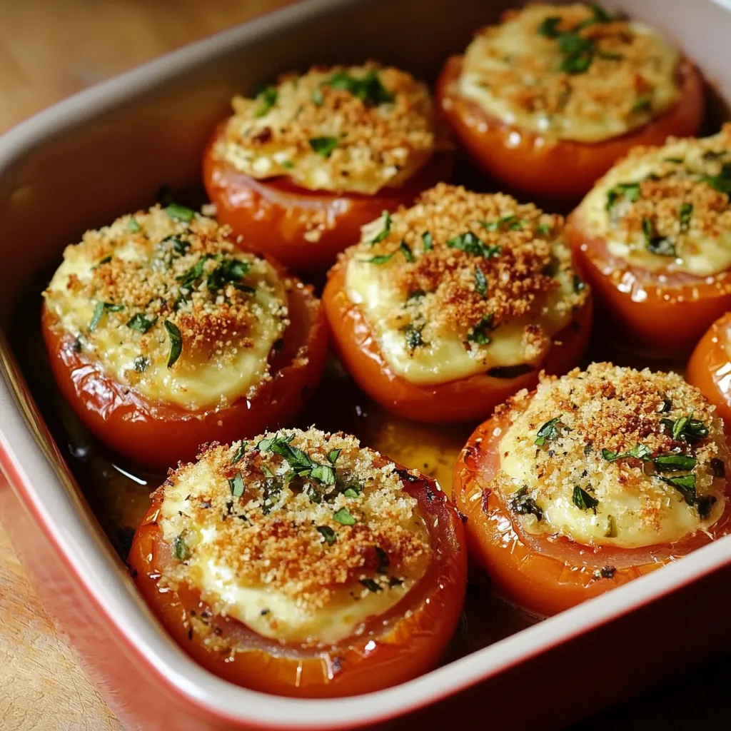 Tomates à la Provençale sorties du four : Plat de tomates rôties garnies de chapelure dorée et d’herbes de Provence.