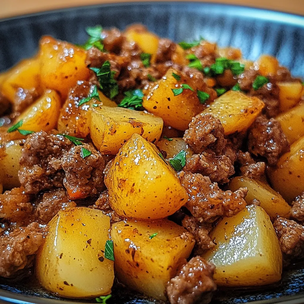 Viande hachée et pommes de terre dans une poêle, dorées et parfumées aux herbes, servies avec du persil frais.