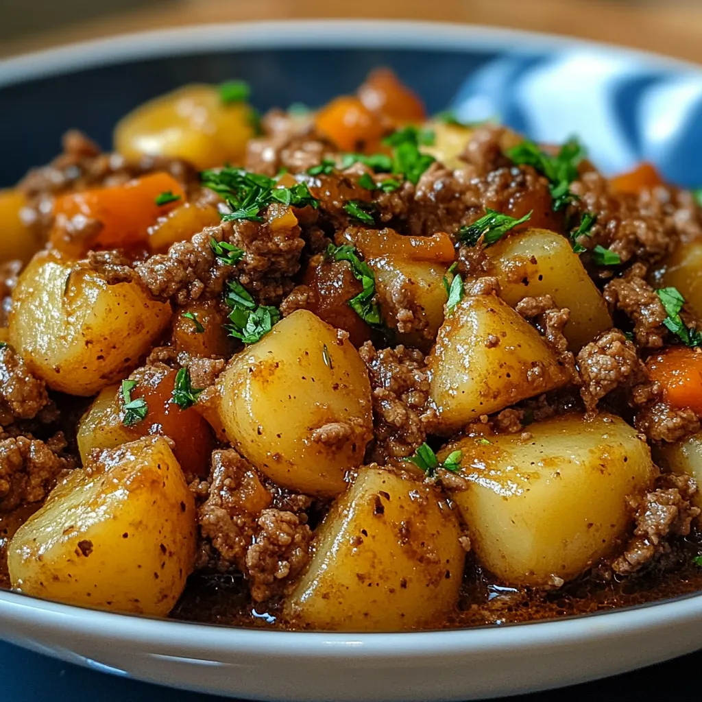 Viande hachée et pommes de terre dans une poêle, dorées et parfumées aux herbes, servies avec du persil frais.