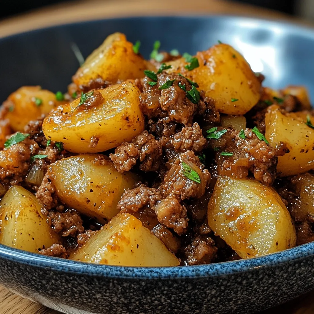 Viande hachée et pommes de terre dans une poêle, dorées et parfumées aux herbes, servies avec du persil frais.