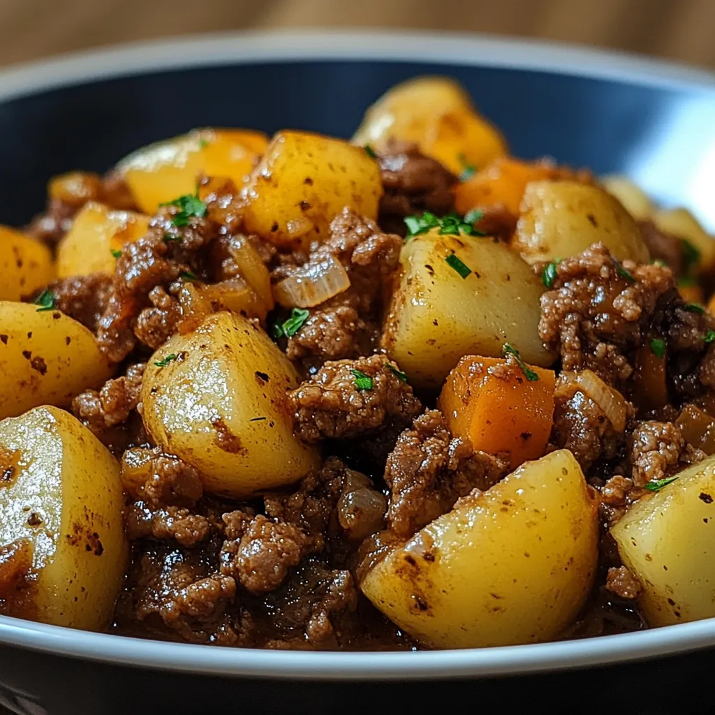 Viande hachée et pommes de terre dans une poêle, dorées et parfumées aux herbes, servies avec du persil frais.