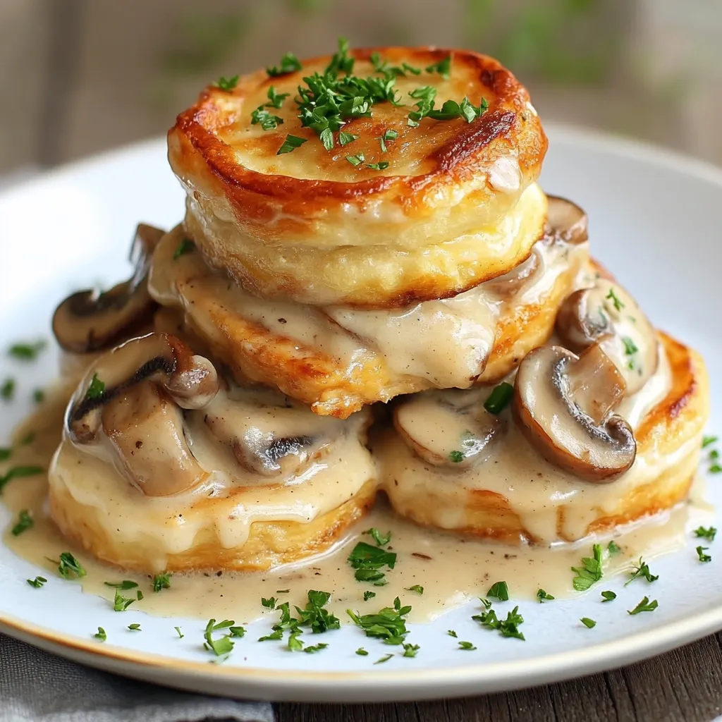 Vol-au-Vent au Poulet et Champignons doré et croustillant sur une assiette Garniture crémeuse de poulet et champignons dans une poêle Vol-au-Vent garni et prêt à être servi avec une touche de persil frais