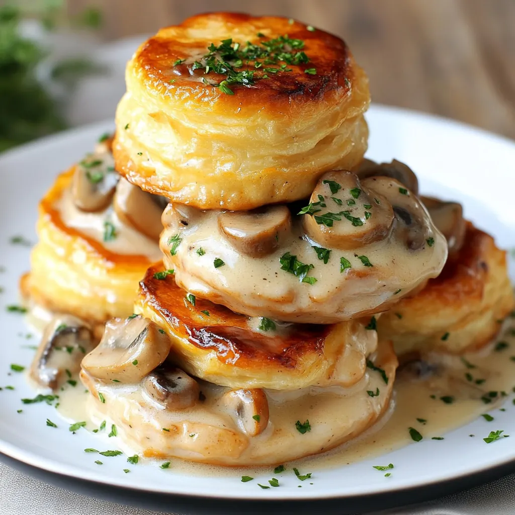 Vol-au-Vent au Poulet et Champignons doré et croustillant sur une assiette Garniture crémeuse de poulet et champignons dans une poêle Vol-au-Vent garni et prêt à être servi avec une touche de persil frais