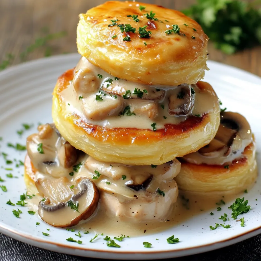 Vol-au-Vent au Poulet et Champignons doré et croustillant sur une assiette Garniture crémeuse de poulet et champignons dans une poêle Vol-au-Vent garni et prêt à être servi avec une touche de persil frais
