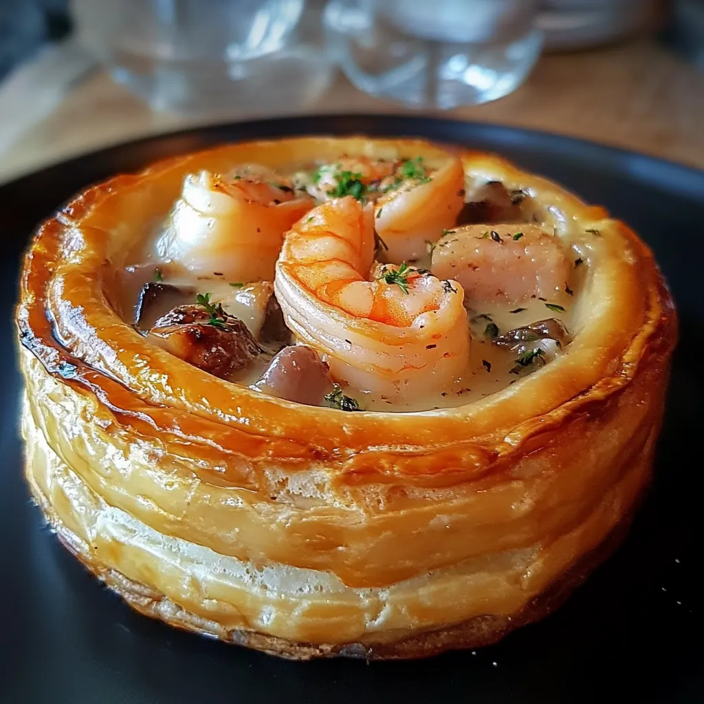 Vol-au-vent aux Fruits de Mer doré et croustillant, garni d’une sauce crémeuse aux fruits de mer, servi sur une assiette élégante.