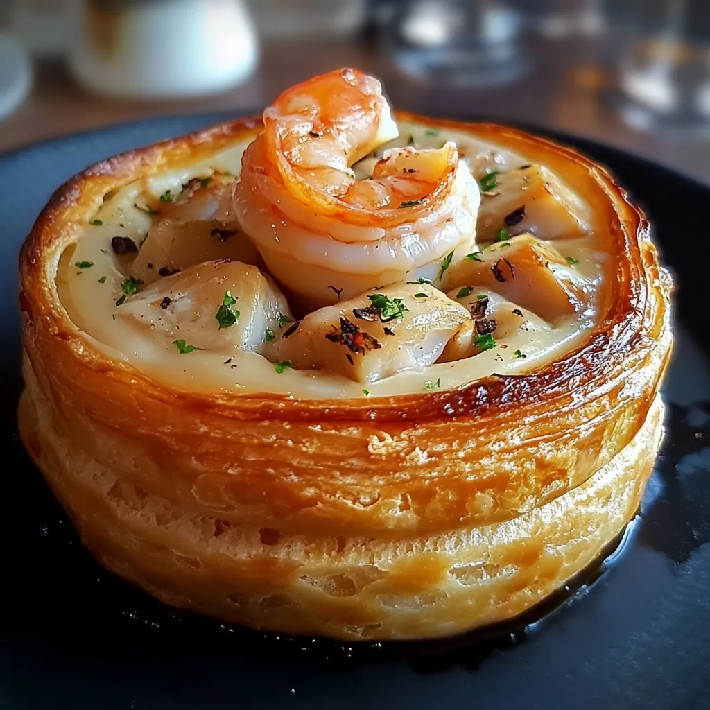 Vol-au-vent aux Fruits de Mer doré et croustillant, garni d’une sauce crémeuse aux fruits de mer, servi sur une assiette élégante.