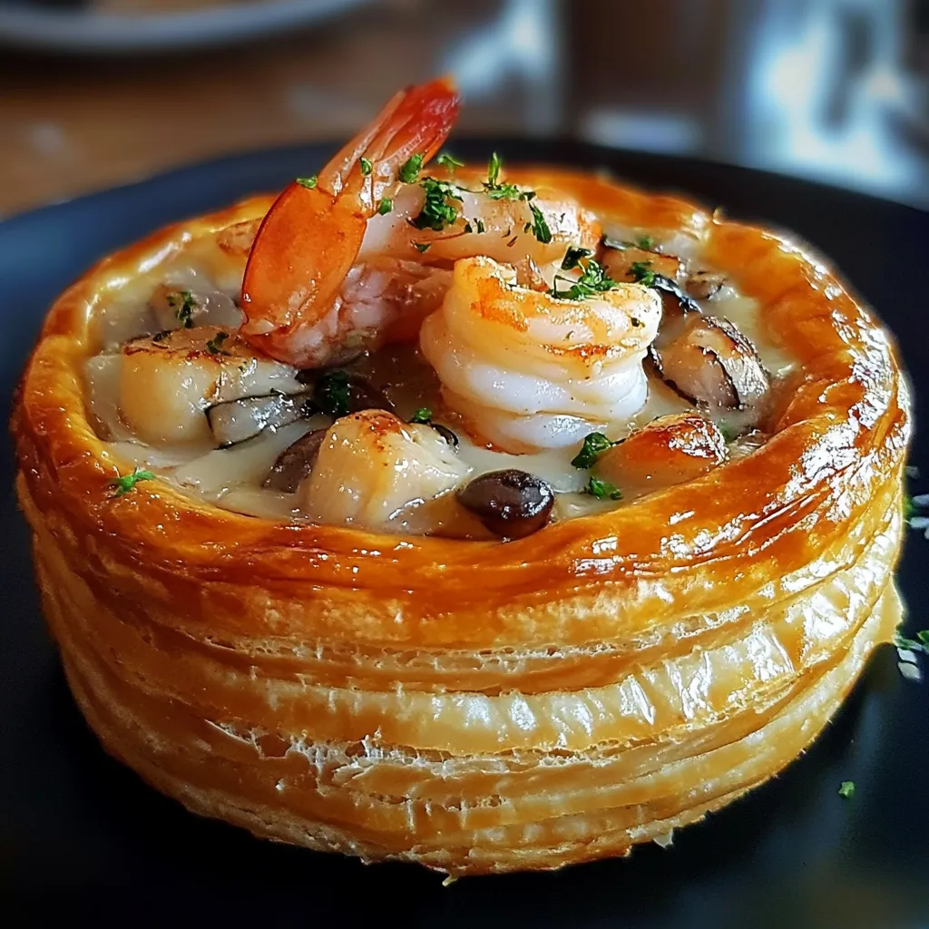 Vol-au-vent aux Fruits de Mer doré et croustillant, garni d’une sauce crémeuse aux fruits de mer, servi sur une assiette élégante.