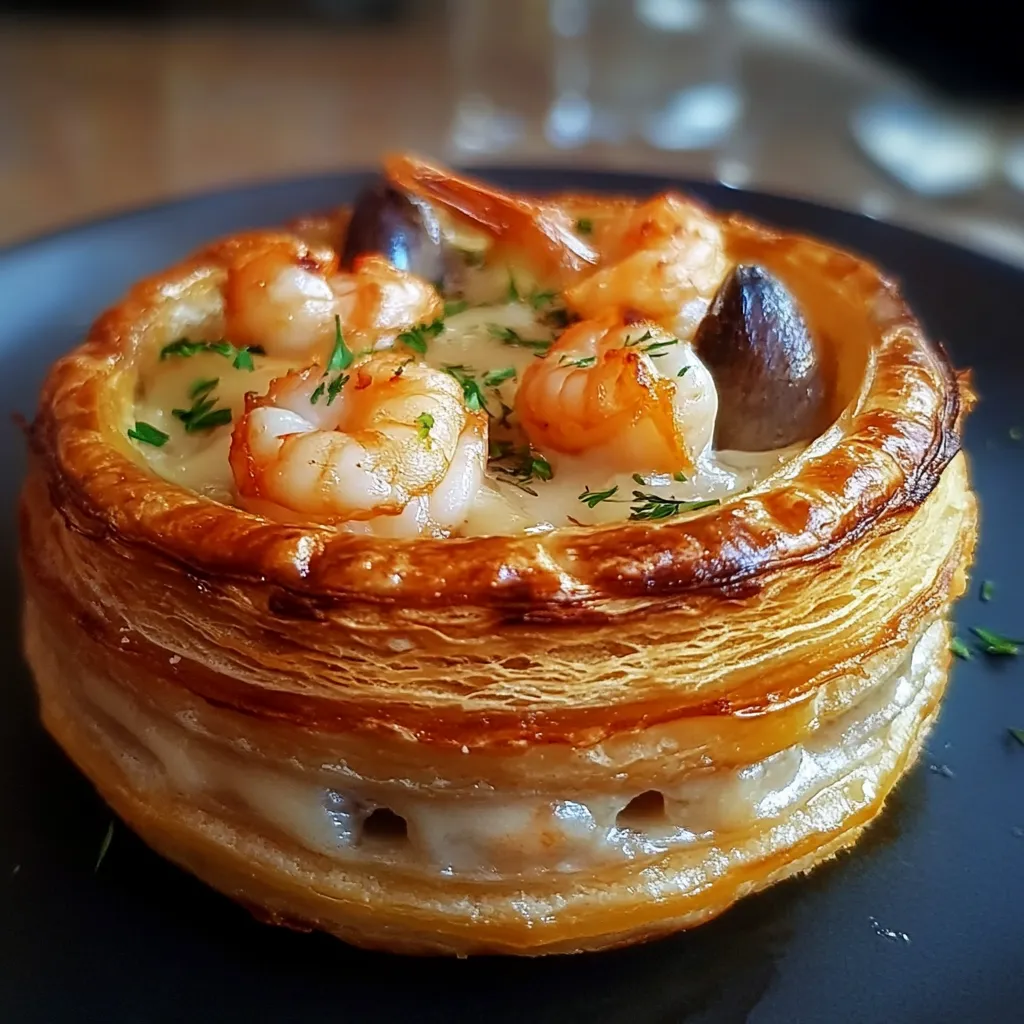 Vol-au-vent aux Fruits de Mer doré et croustillant, garni d’une sauce crémeuse aux fruits de mer, servi sur une assiette élégante.