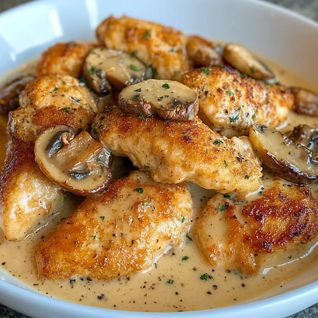 Aiguillettes de poulet dorées servies dans une sauce crémeuse aux champignons, accompagnées de riz et garnies de persil frais.