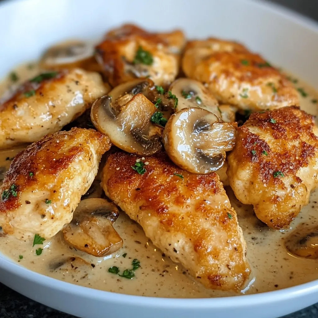 Aiguillettes de poulet dorées servies dans une sauce crémeuse aux champignons, accompagnées de riz et garnies de persil frais.