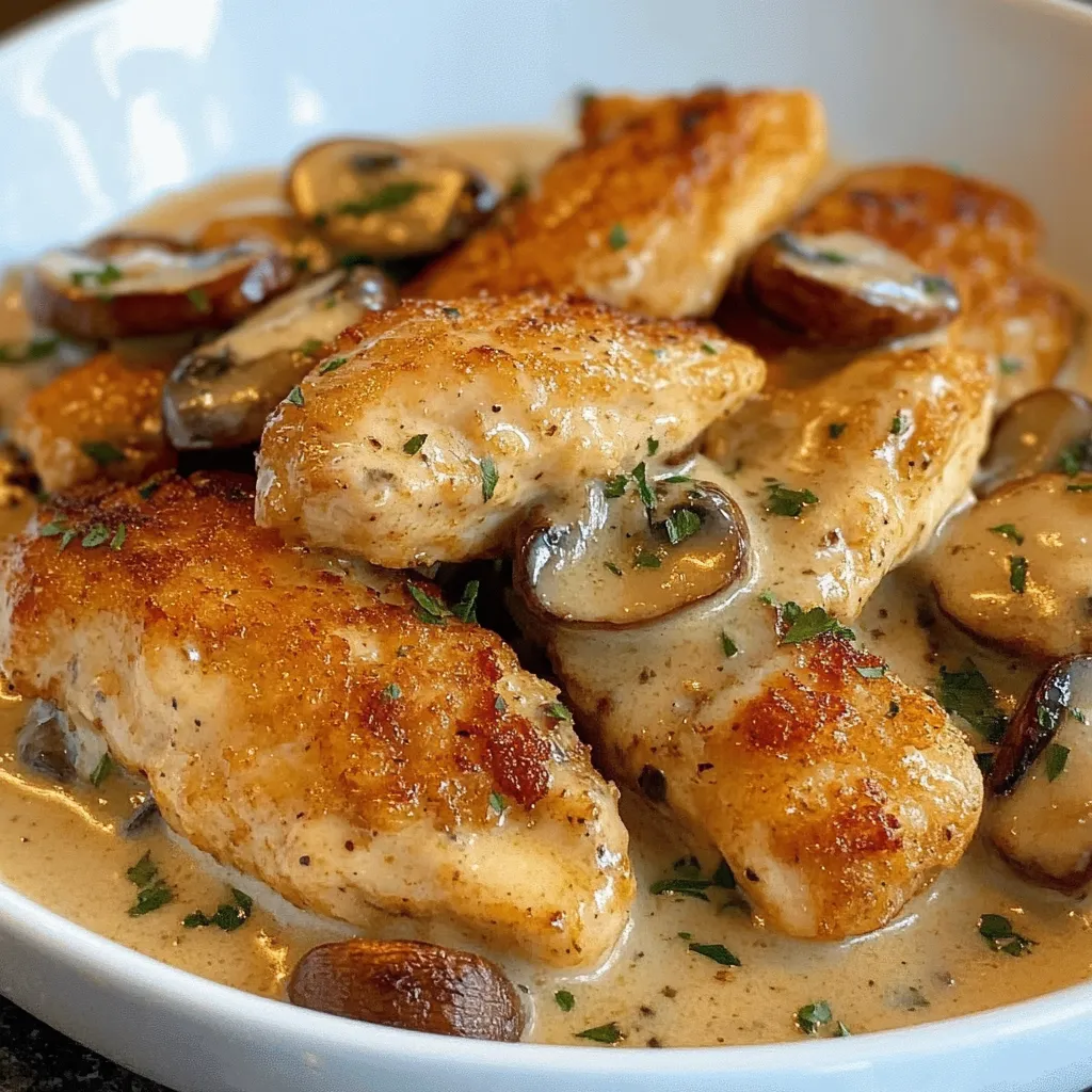 Aiguillettes de poulet dorées servies dans une sauce crémeuse aux champignons, accompagnées de riz et garnies de persil frais.
