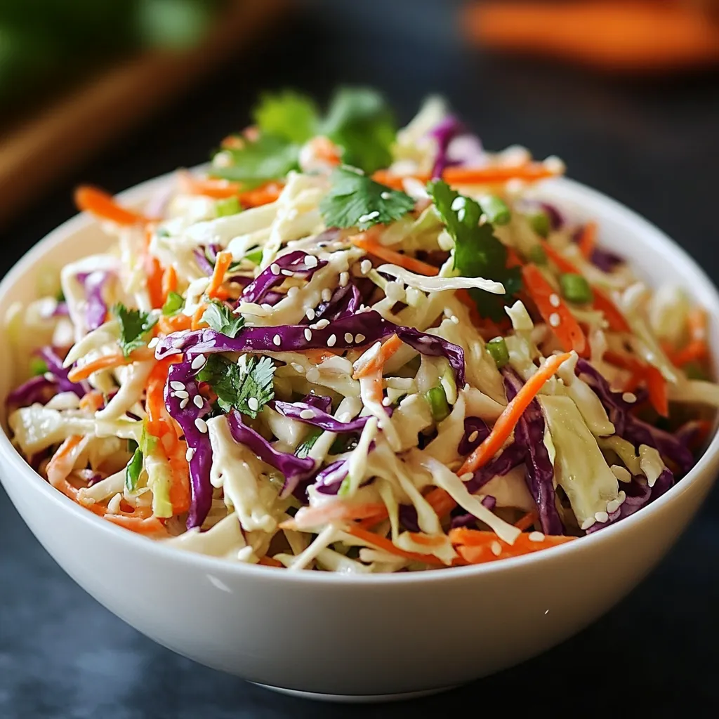 Salade de chou à l’asiatique servie dans un bol, garnie de graines de sésame et de cacahuètes concassées, accompagnée de baguettes en bois.
