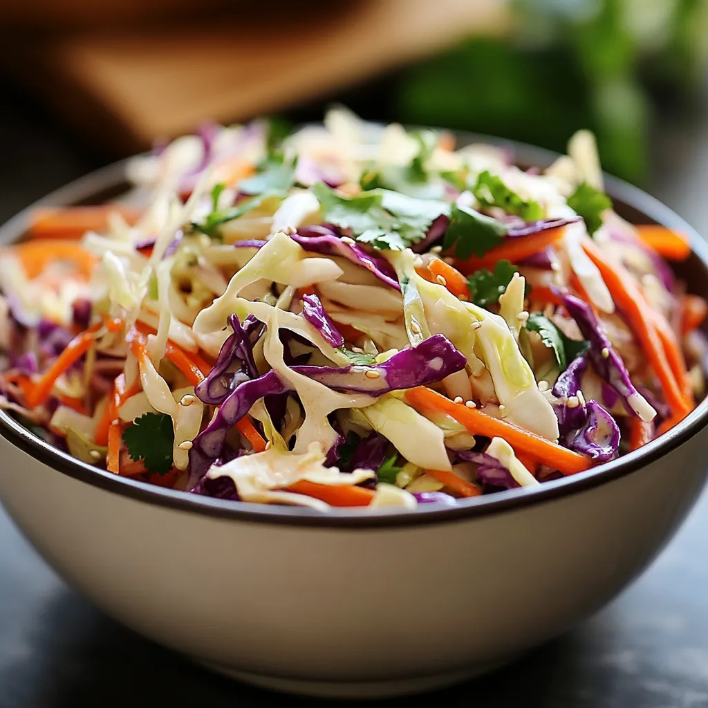 Salade de chou à l’asiatique servie dans un bol, garnie de graines de sésame et de cacahuètes concassées, accompagnée de baguettes en bois.