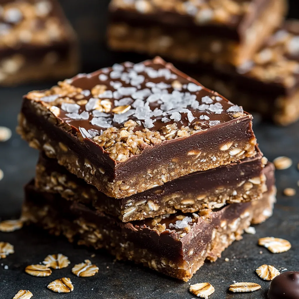 Barres de céréales maison à l’avoine, chocolat et fleur de sel, disposées sur une planche en bois avec des éclats de chocolat et des flocons d’avoine en arrière-plan.