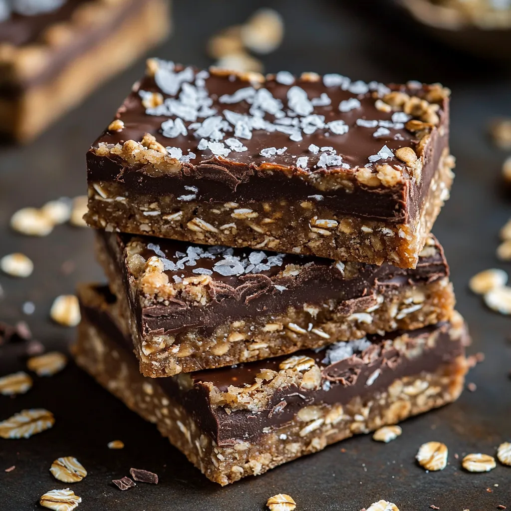 Barres de céréales maison à l’avoine, chocolat et fleur de sel, disposées sur une planche en bois avec des éclats de chocolat et des flocons d’avoine en arrière-plan.