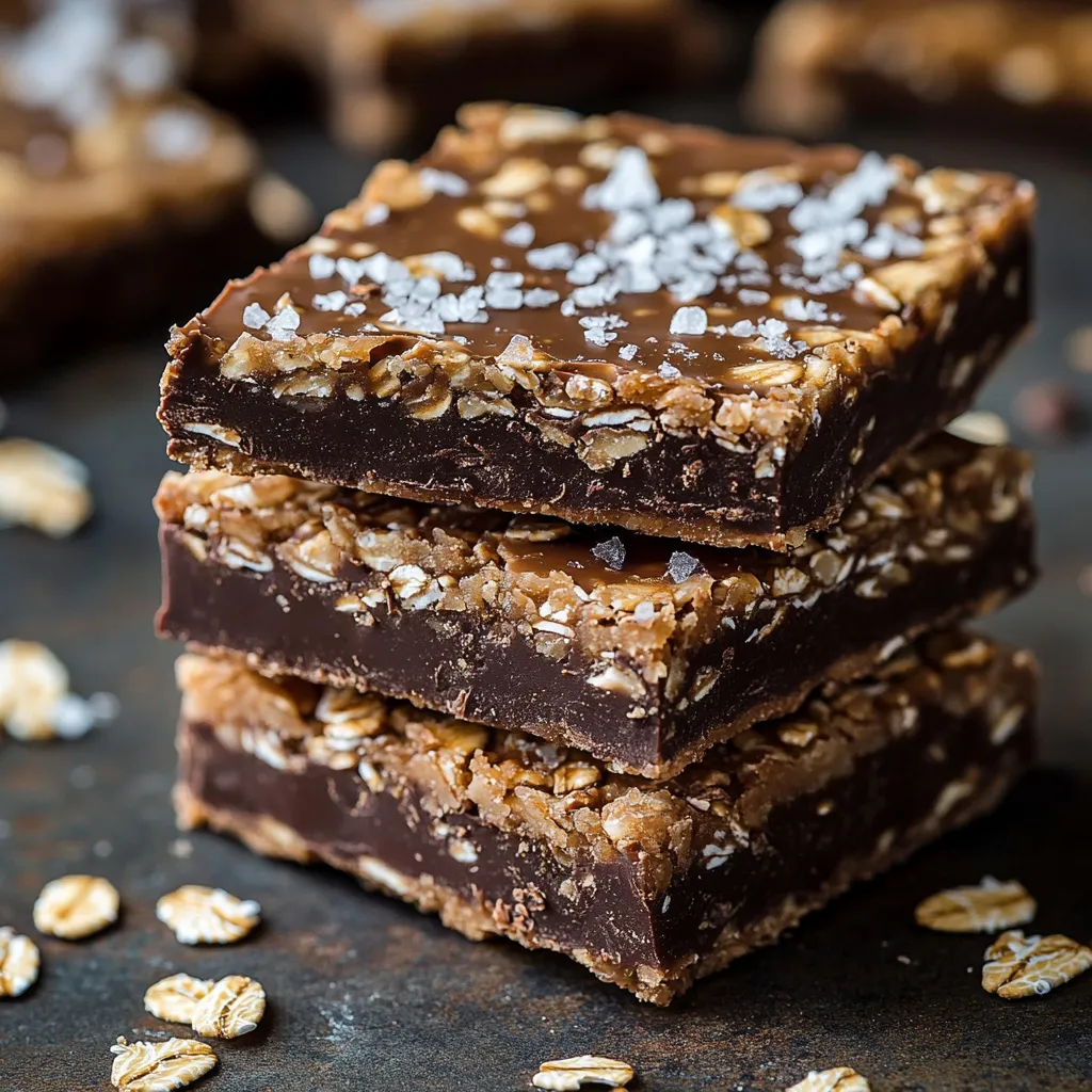 Barres de céréales maison à l’avoine, chocolat et fleur de sel, disposées sur une planche en bois avec des éclats de chocolat et des flocons d’avoine en arrière-plan.