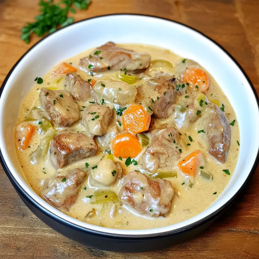 Blanquette de veau à l’ancienne servie dans une assiette creuse, accompagnée de riz blanc, avec une sauce crémeuse et onctueuse.