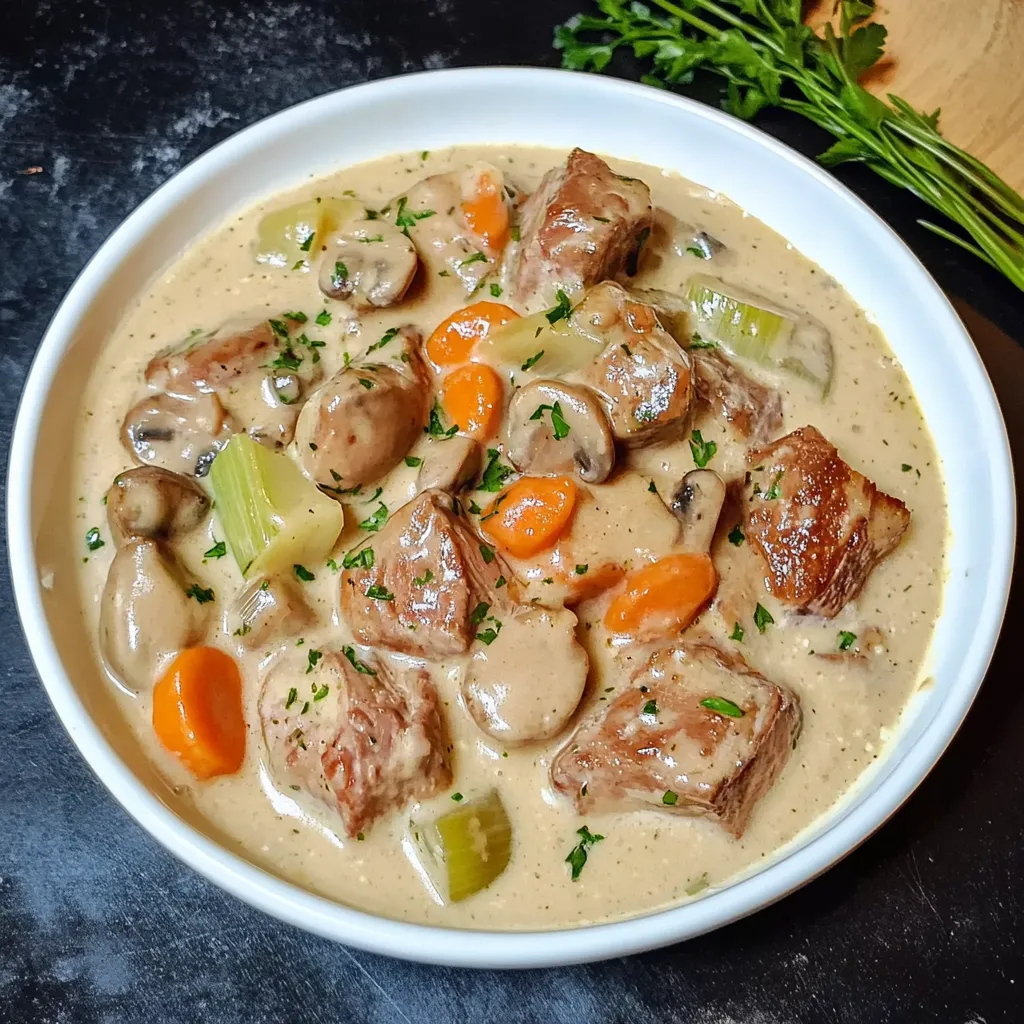 Blanquette de veau à l’ancienne servie dans une assiette creuse, accompagnée de riz blanc, avec une sauce crémeuse et onctueuse.