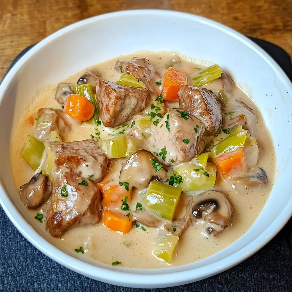 Blanquette de veau à l’ancienne servie dans une assiette creuse, accompagnée de riz blanc, avec une sauce crémeuse et onctueuse.