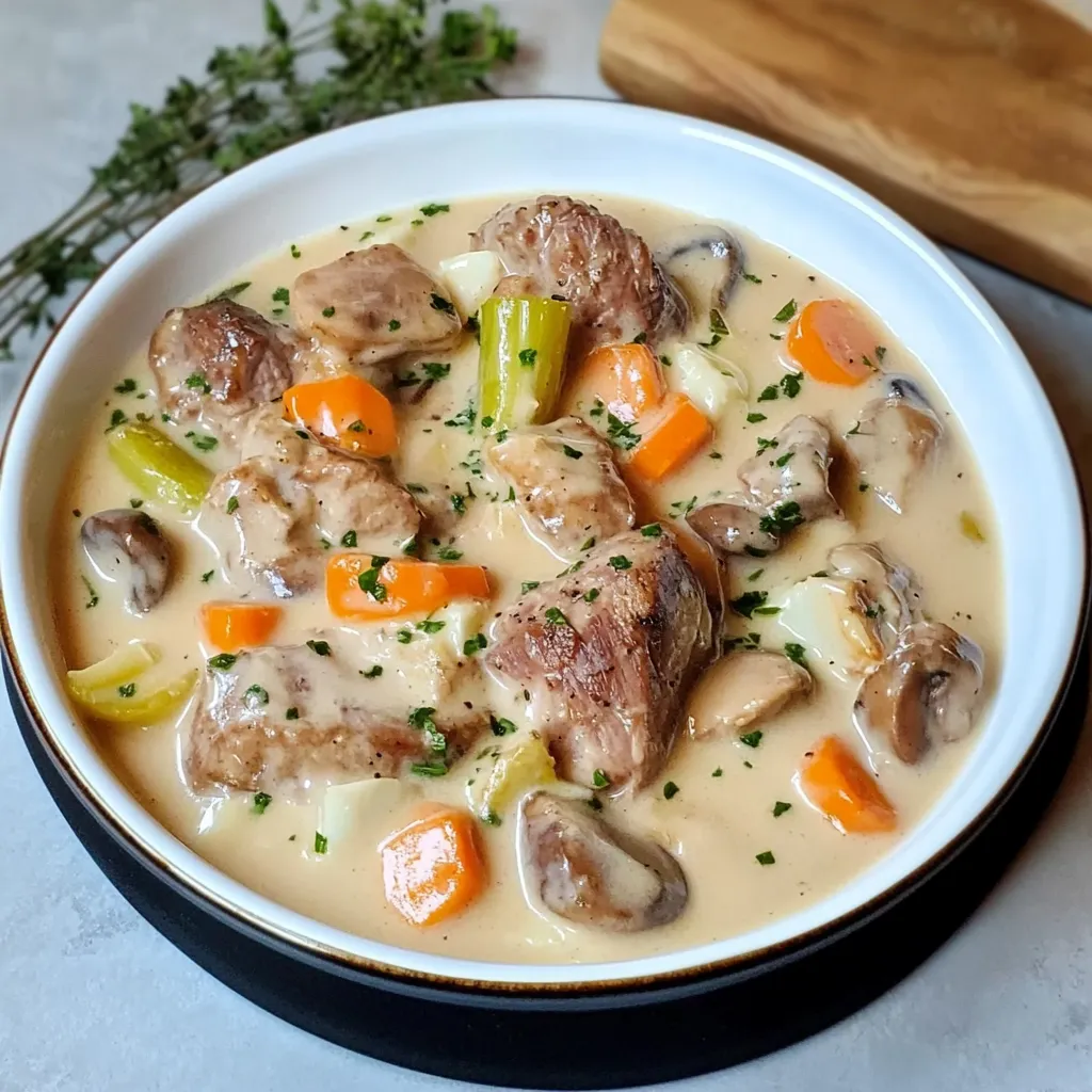 Blanquette de veau à l’ancienne servie dans une assiette creuse, accompagnée de riz blanc, avec une sauce crémeuse et onctueuse.