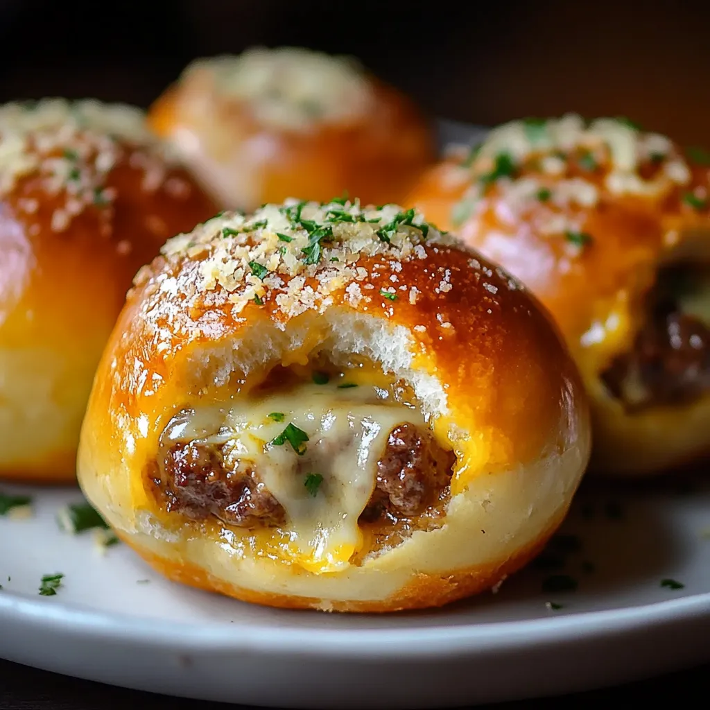 Bombes au cheeseburger à l’ail et au parmesan dorées, prêtes à être dégustées.