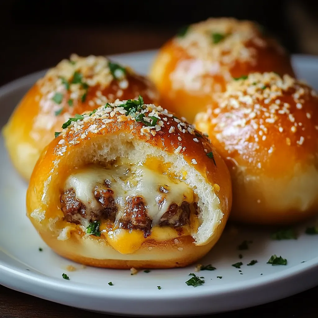 Bombes au cheeseburger à l’ail et au parmesan dorées, prêtes à être dégustées.