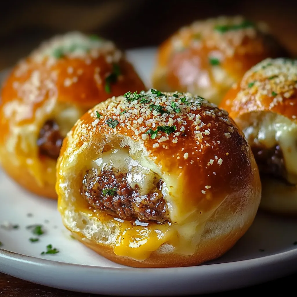 Bombes au cheeseburger à l’ail et au parmesan dorées, prêtes à être dégustées.