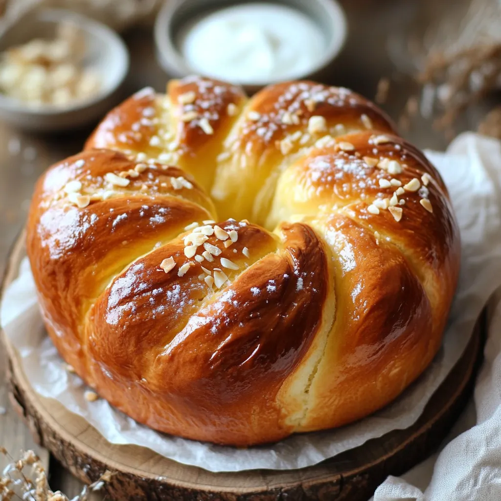 Brioche au yaourt légère et sans pétrissage, dorée et moelleuse, servie sur une planche en bois avec une tranche coupée.