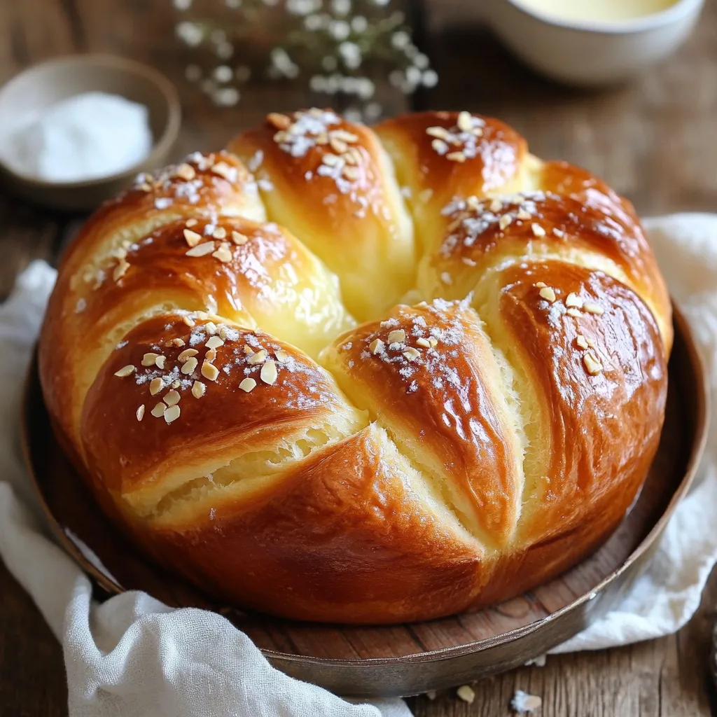 Brioche au yaourt légère et sans pétrissage, dorée et moelleuse, servie sur une planche en bois avec une tranche coupée.