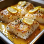 Plat de cabillaud au four avec une sauce moutarde-crème citronnée, garni de persil frais.