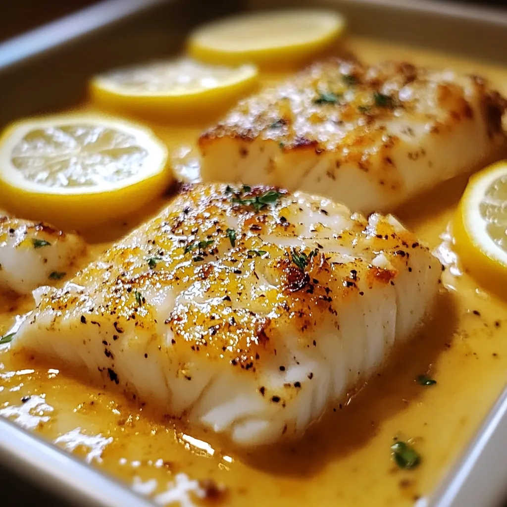 Plat de cabillaud au four avec une sauce moutarde-crème citronnée, garni de persil frais.