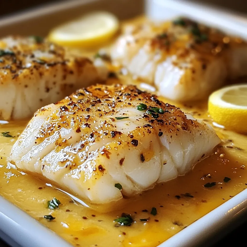 Plat de cabillaud au four avec une sauce moutarde-crème citronnée, garni de persil frais.