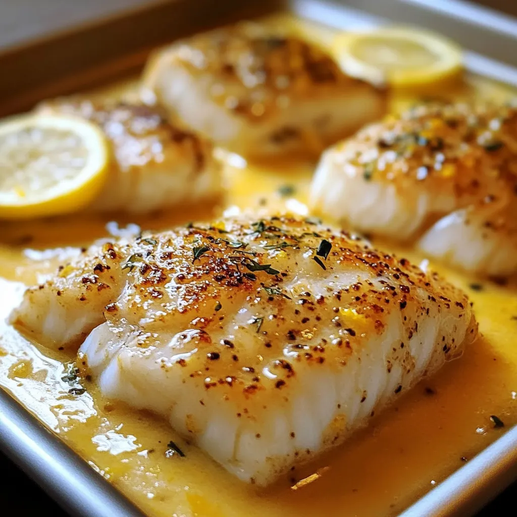 Plat de cabillaud au four avec une sauce moutarde-crème citronnée, garni de persil frais.