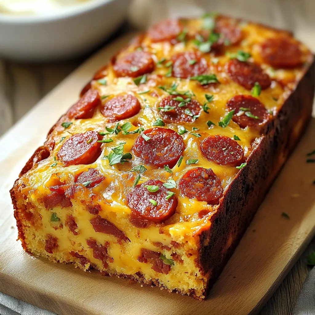 Cake au chorizo doré et moelleux, présenté en tranches sur une planche en bois avec une salade fraîche.
