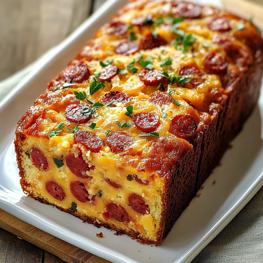 Cake au chorizo doré et moelleux, présenté en tranches sur une planche en bois avec une salade fraîche.