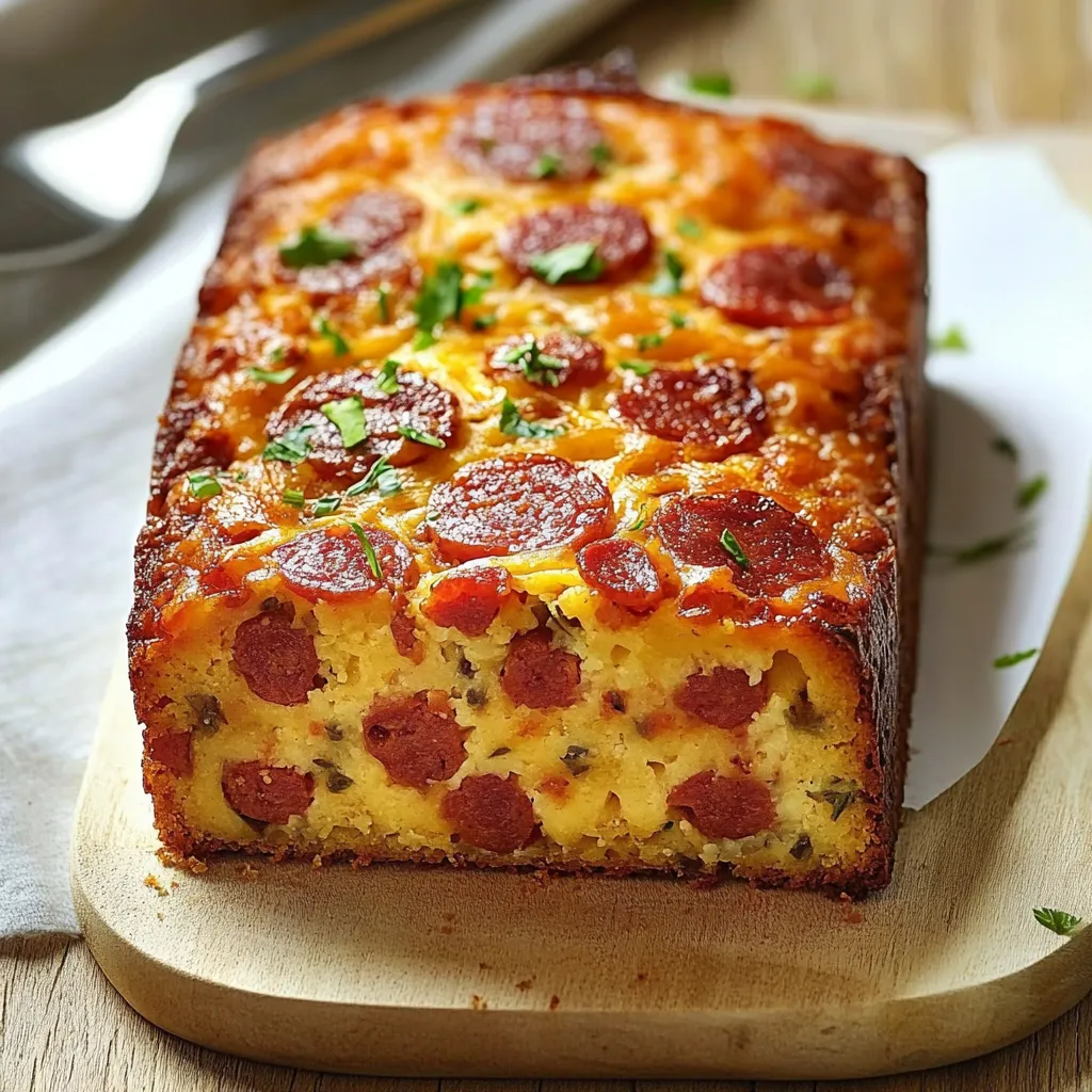 Cake au chorizo doré et moelleux, présenté en tranches sur une planche en bois avec une salade fraîche.