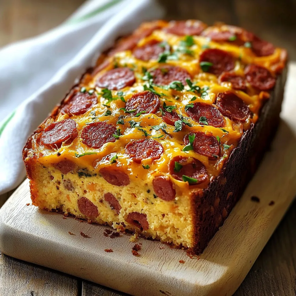Cake au chorizo doré et moelleux, présenté en tranches sur une planche en bois avec une salade fraîche.