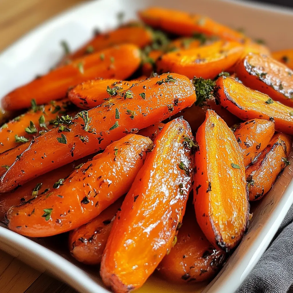 Carottes confites au four, légèrement caramélisées avec du miel et des herbes, servies en accompagnement d’un repas savoureux.