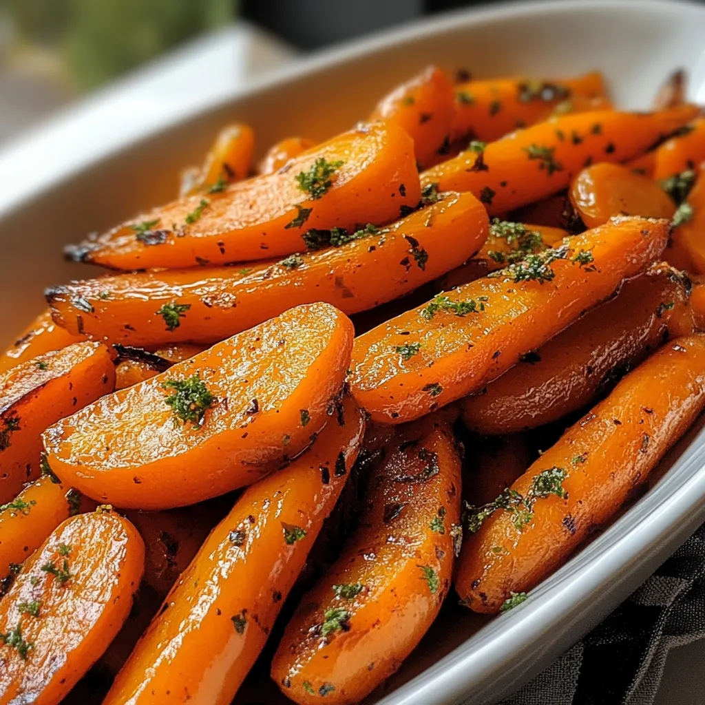 Carottes confites au four, légèrement caramélisées avec du miel et des herbes, servies en accompagnement d’un repas savoureux.