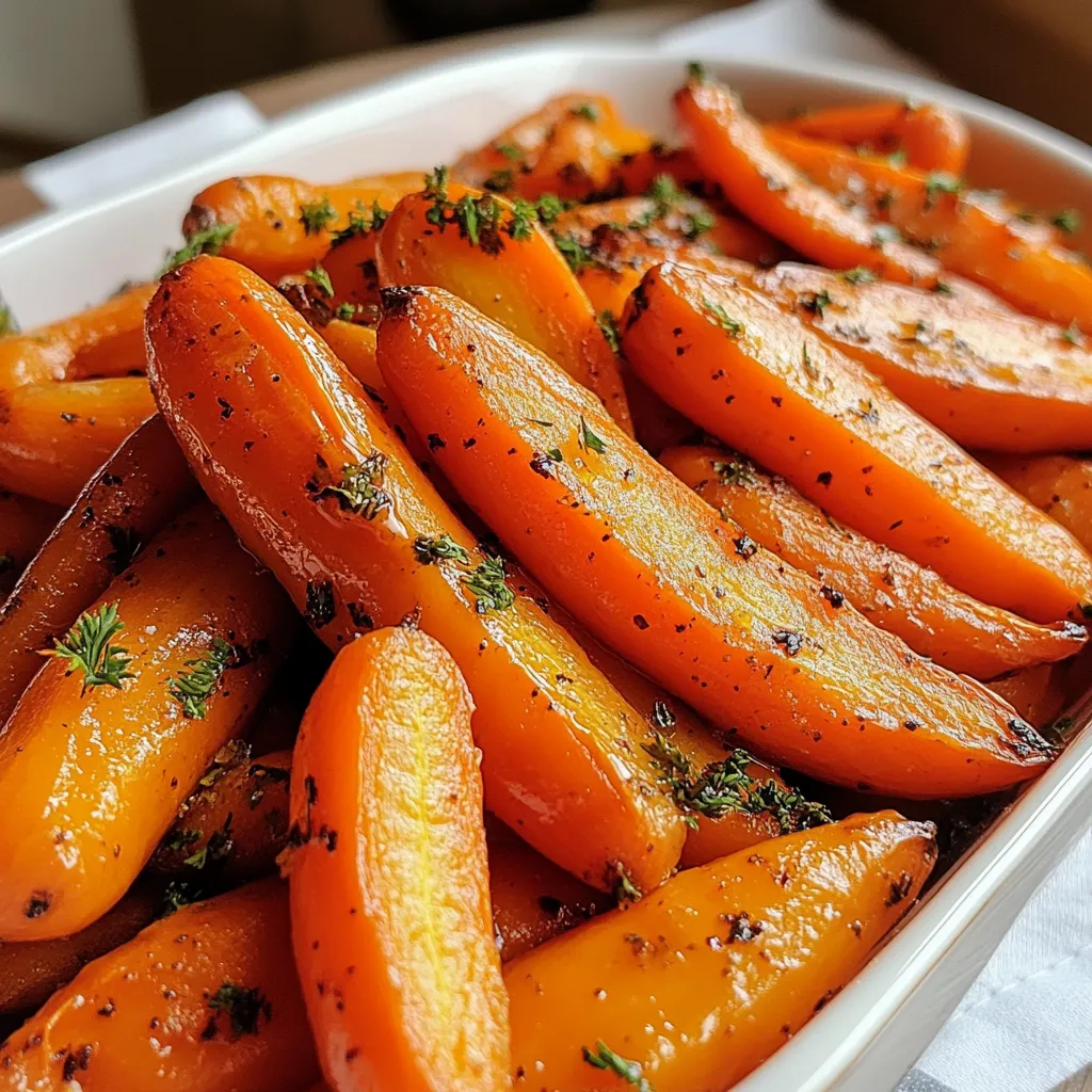 Carottes confites au four, légèrement caramélisées avec du miel et des herbes, servies en accompagnement d’un repas savoureux.